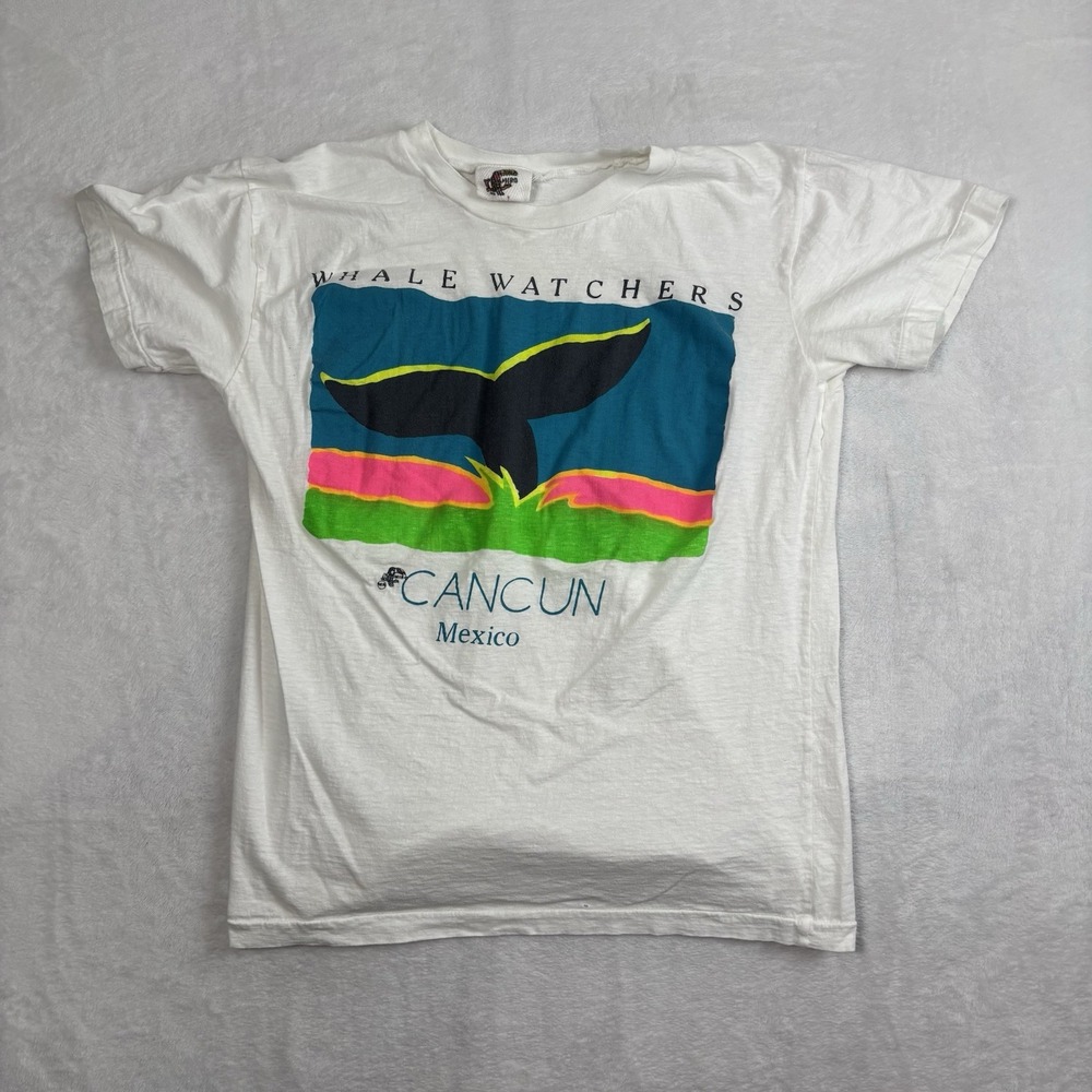 VTG Whale Watchers Cancun White‎ Short Sleeve Graphic Shirt Women's Large